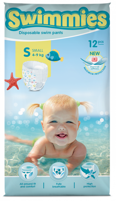 MOLTEX Swimmies S peldēšanas biksītes (4-9 kg), komplektā 12 gab.