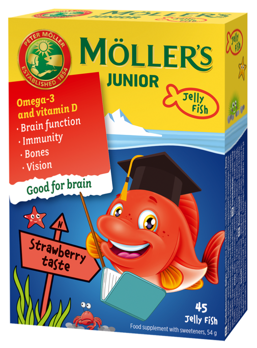 MÖLLER'S Junior Želejas Zivtiņas ar Zemeņu Garšu un Zivju Eļļu, 45 gab.