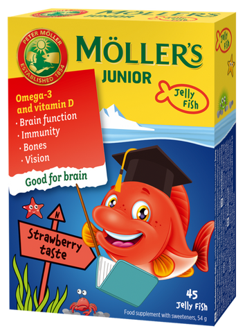 MÖLLER'S Junior Želejas Zivtiņas ar Zemeņu Garšu un Zivju Eļļu, 45 gab.