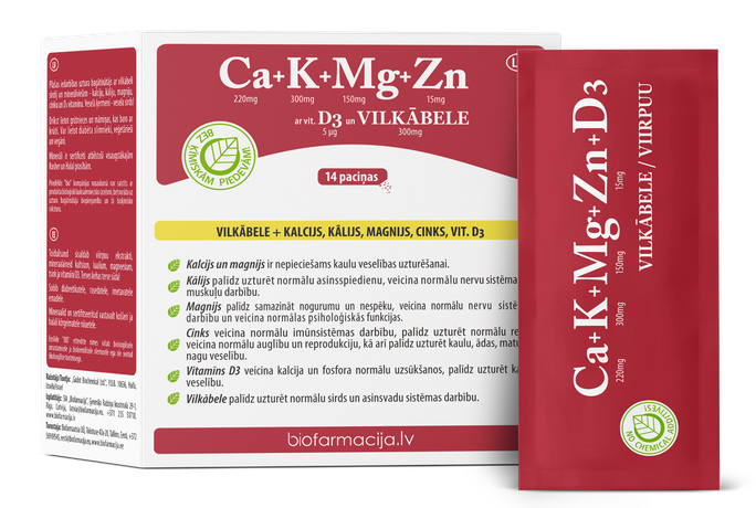 BIOFARMACIJA pulveris Ca+K+Mg+Zn ar vit.D3 un vilkābeli - 14 gab.