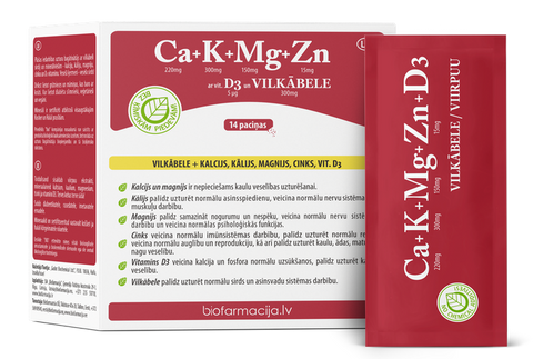 BIOFARMACIJA pulveris Ca+K+Mg+Zn ar vit.D3 un vilkābeli - 14 gab.