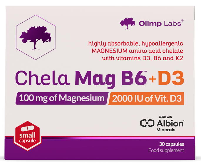 OLIMP LABS Chela Mag B6 +D3, 30 kapsulas ar magnija helātu un vitamīniem
