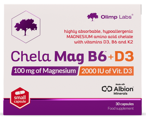 OLIMP LABS Chela Mag B6 +D3, 30 kapsulas ar magnija helātu un vitamīniem