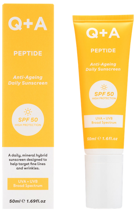 Q+A SPF50 Peptīdu anti-novecošanas saules aizsarglīdzeklis, 50 ml