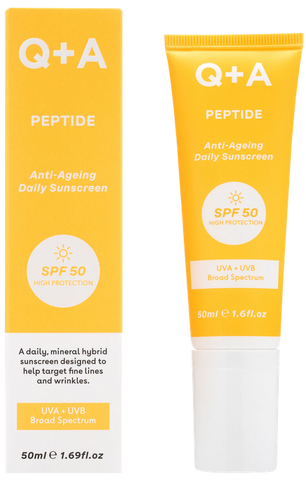 Q+A SPF50 Peptīdu anti-novecošanas saules aizsarglīdzeklis, 50 ml