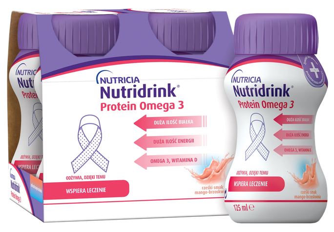 NUTRICIA Nutridrink Protein Omega 3 ar atsvaidzinošu persiku un mango aromātu 125 ml, 4 iepakojumi