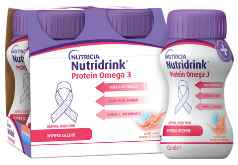 NUTRICIA Nutridrink Protein Omega 3 ar atsvaidzinošu persiku un mango aromātu 125 ml, 4 iepakojumi