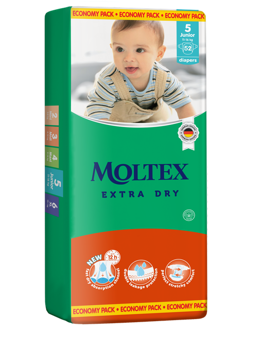 MOLTEX Extra Dry Junior, 52 autiņbiksītes — sausums līdz 12 stundām