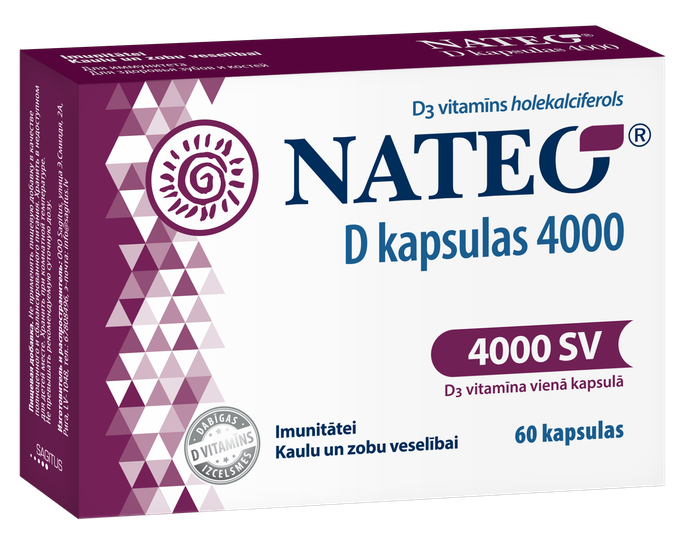 NATEO D3 vitamīna kapsulas 4000 vienības, 60 kapsulas