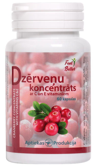 APTIEKAS PRODUKCIJA Dzērveņu Ekstrakts Ar Vitamīniem C Un E, 60 kapsulas