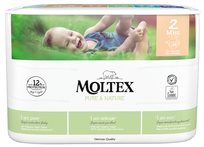 MOLTEX Pure & Nature 2 Mini autiņbiksītes (3-6 kg), 38 gab.