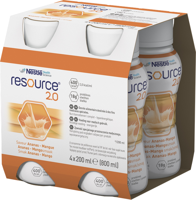 NESTLE Resource® 2.0 ar ananāsu un mango aromātu, 200 ml iepakojumā (4 gab.)