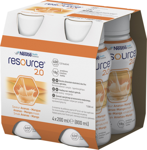 NESTLE Resource® 2.0 ar ananāsu un mango aromātu, 200 ml iepakojumā (4 gab.)