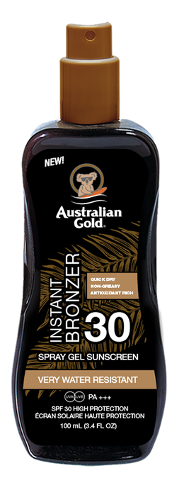 AUSTRALIAN GOLD Saules aizsargsprejs ar bronzeri SPF30, Spray Gel formā, 100 ml
