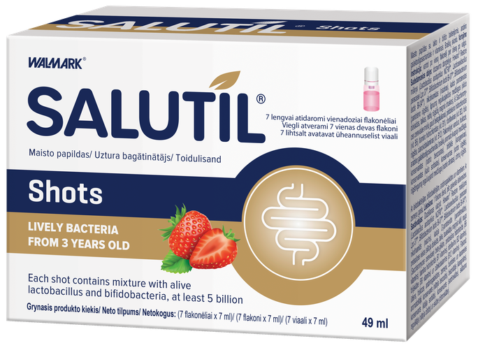 SALUTIL Shots zemeņu aromāts (7 ml), 7 flakoni, vienas devas iepakojumā