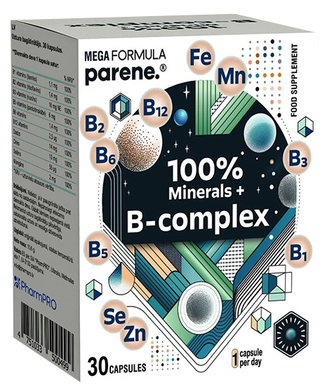 PARENE Mega B-kompleksa un 100 % minerālu kapsulas (30 gab.)