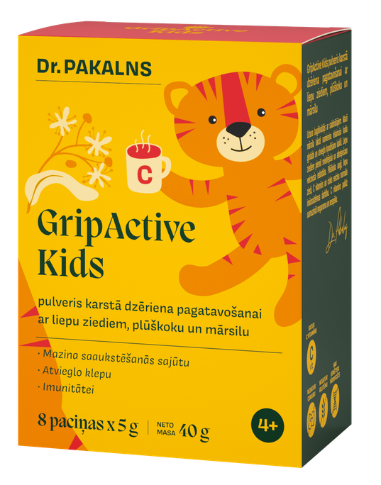 DR. PAKALNS Gripactive Kids Ar Plūškoku, Liepu Ziediem Un Mārsilu Karstais Dzēriens, 8 paciņas