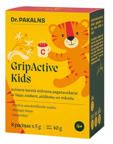 DR. PAKALNS Gripactive Kids Ar Plūškoku, Liepu Ziediem Un Mārsilu Karstais Dzēriens, 8 paciņas