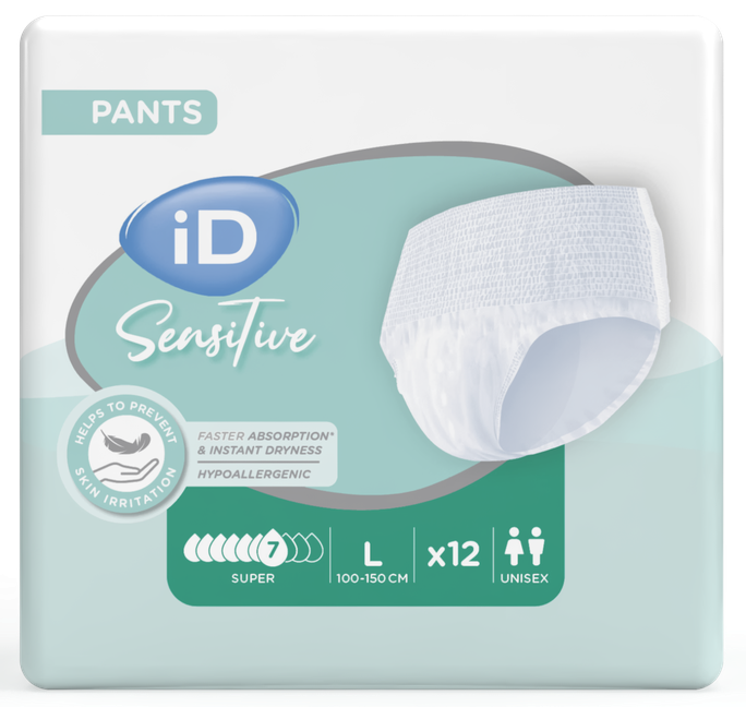 iD Sensitive Super L (100–150 cm) biksītes urīna un fēču nesaturēšanai, 12 pāri