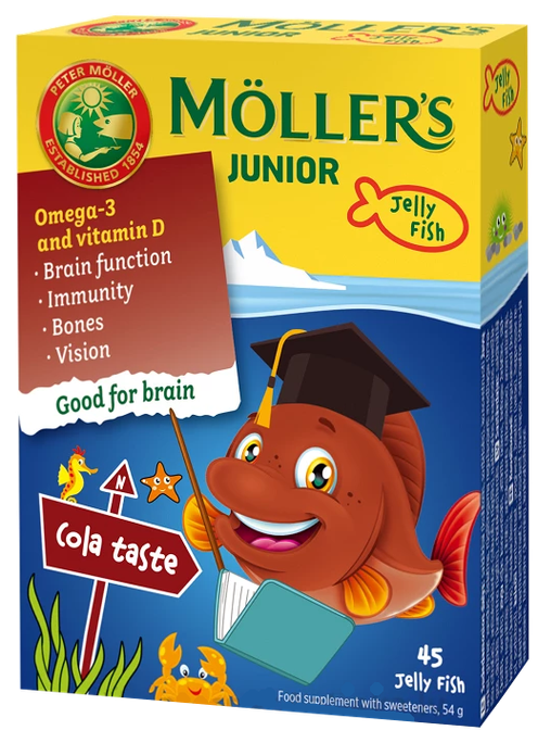 MÖLLER'S Junior želejas zivtiņas ar kolas garšu — 45 gab. Zivju Eļļa