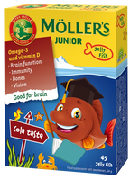 MÖLLER'S Junior želejas zivtiņas ar kolas garšu — 45 gab. Zivju Eļļa