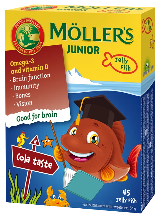 MÖLLER'S Junior želejas zivtiņas ar kolas garšu — 45 gab. Zivju Eļļa