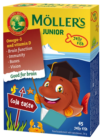MÖLLER'S Junior želejas zivtiņas ar kolas garšu — 45 gab. Zivju Eļļa