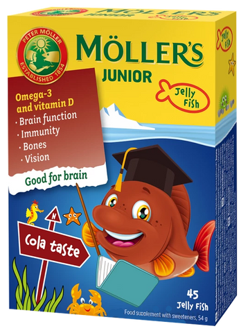 MÖLLER'S Junior želejas zivtiņas ar kolas garšu — 45 gab. Zivju Eļļa
