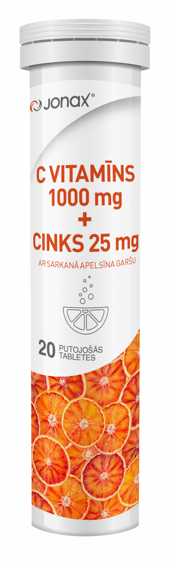 JONAX C 1000 mg + CINKS 25 mg putojošās tabletes, 20 vienības