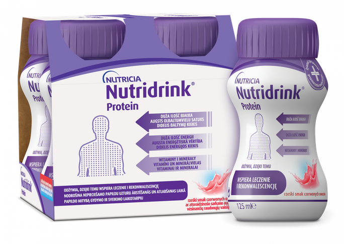 Nutridrink Protein NUTRICIA 125 ml ar sarkano augļu garšu — dzēriens, 4 pudelītes