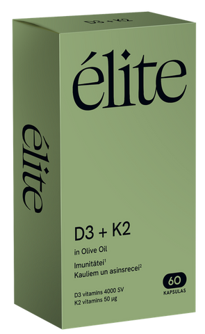 D3 + K2 vitamīnu kapsulas olīveļļā, 60 gab.