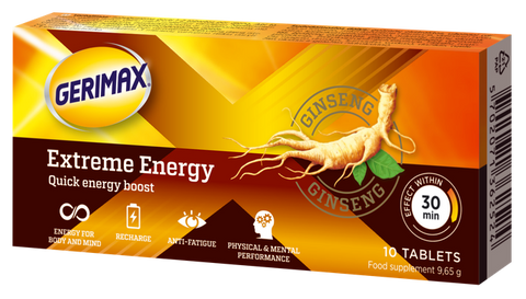 GERIMAX Extreme Energy, 10 tabletes energijai un uzmanībai