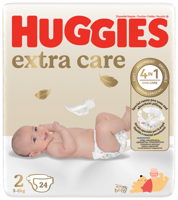 HUGGIES Extra Care 2, autiņbiksītes jaundzimušiem 3-6kg formātā, iepakojums 24 gab.