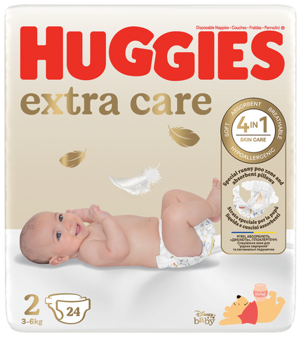HUGGIES Extra Care 2, autiņbiksītes jaundzimušiem 3-6kg formātā, iepakojums 24 gab.