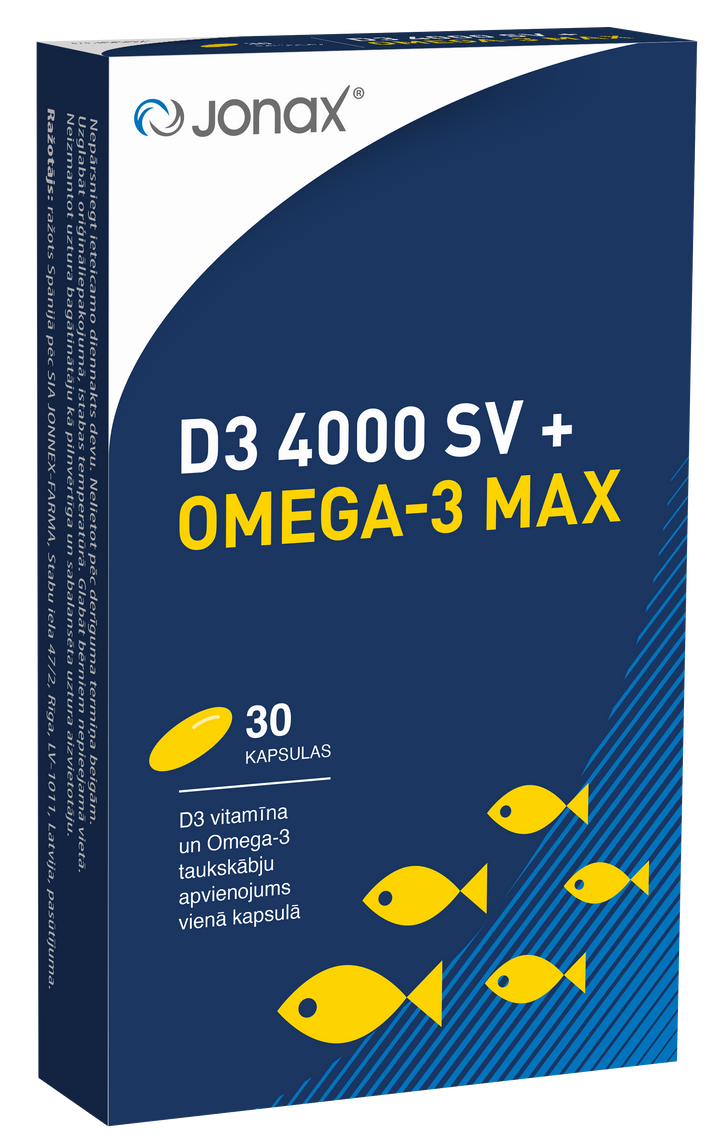 JONAX D3 4000 SV + Maksimālā Omega-3 30 kapsulu iepakojums