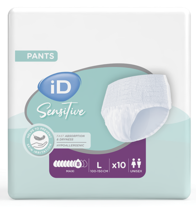 Sensitīvas ādas biksītes iD Sensitive Pants Maxi, izmērs L (100-150 cm), iepakojums 10 gab.