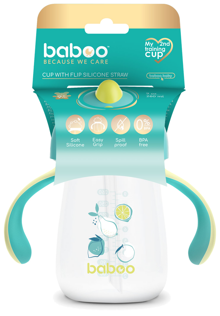 BABOO Lagoon Fiesta — mācību krūzīte ar silikona salmiņu (260 ml) 9 mēnešus veciem bērniem