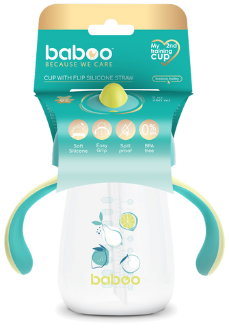 BABOO Lagoon Fiesta — mācību krūzīte ar silikona salmiņu (260 ml) 9 mēnešus veciem bērniem
