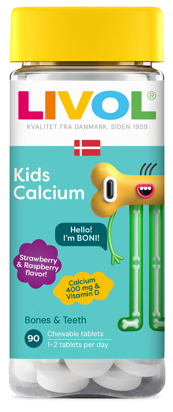 LIVOL Kids Calcium košļājamas tabletes 400 mg – 90 gab. zemeņu un aveņu garšā