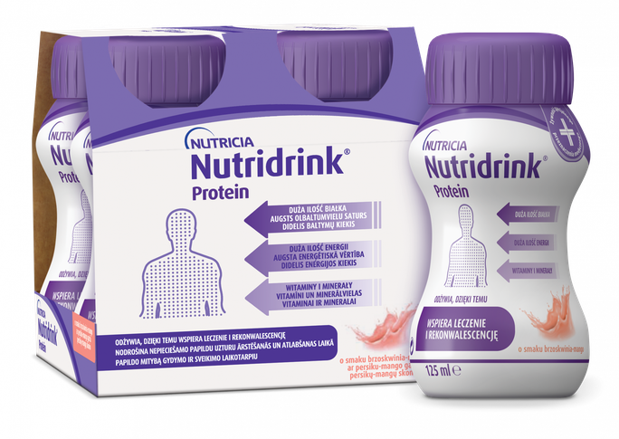 NUTRICIA Nutridrink Protein persiku-mango aromāta dzēriens 125 ml, 4 iepakojumi