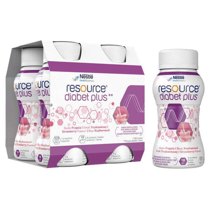 NESTLE Resource® Diabet Plus ar zemeņu aromātu, 4 iepakojumi pa 200 ml
