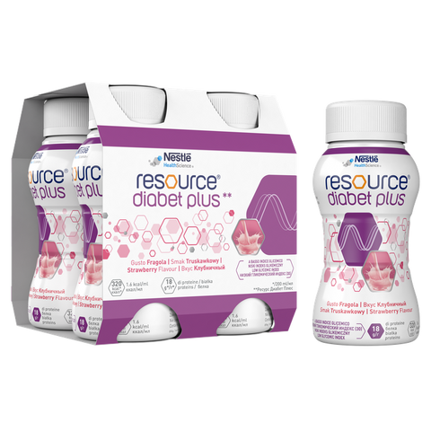 NESTLE Resource® Diabet Plus ar zemeņu aromātu, 4 iepakojumi pa 200 ml