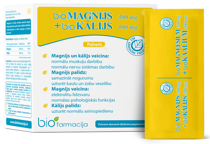 BIOFARMACIJA Biomagnijs un Biokālijs 300 mg kombinācija, pulveris 30 porcijas