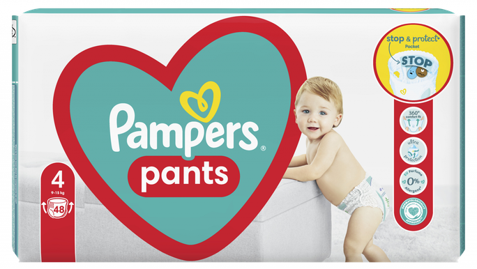 PAMPERS 4. izmērs (9-15 kg) autiņbiksītes, Maxi iepakojums 48 gab.