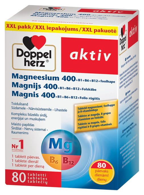 DOPPELHERZ Aktiv Magnijs 400 + B1 + B6 + B12 + Folskābe, 80 tabletes