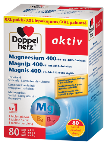 DOPPELHERZ Aktiv Magnijs 400 + B1 + B6 + B12 + Folskābe, 80 tabletes