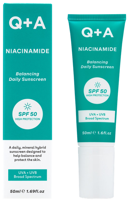 Q+A Niacinamide SPF50 līdzsvarošais saules aizsarglīdzeklis, 50 ml