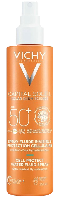 VICHY Cell Protect Water Fluid SPF 50+ sprejs kapilārajam aizsardzībai, 200 ml