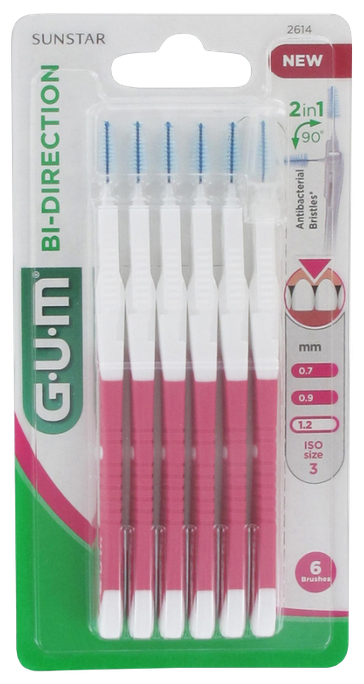 GUM BI-Direction zobstarpu birstīte 1,2 mm, iepakojumā 6 gab.