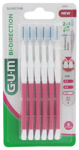 GUM BI-Direction zobstarpu birstīte 1,2 mm, iepakojumā 6 gab.